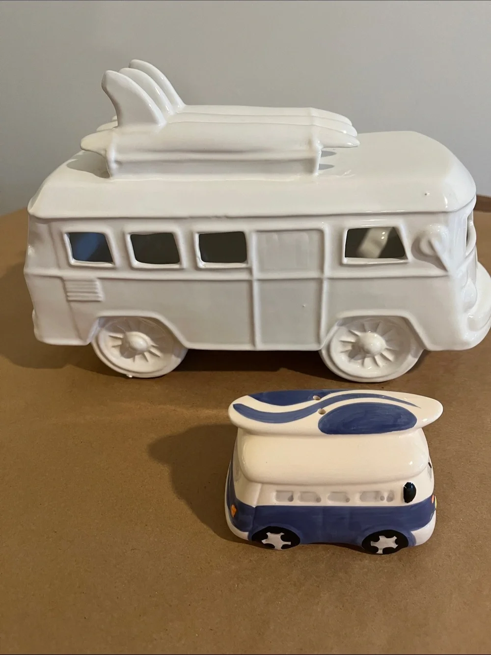 White Ceramic Surf Van and Blue Ceramic Camper -